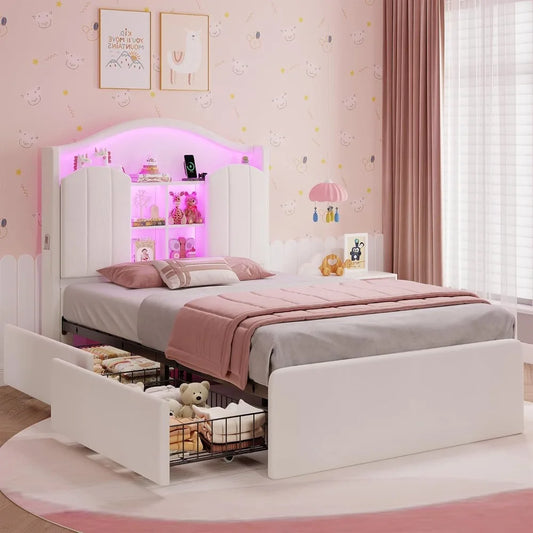 Girls Twin Size Bed Frame with 4 Drawers for Hidden Storage and Headboard