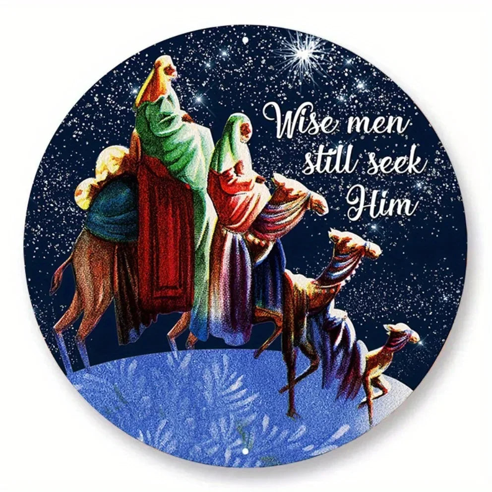 1PC Round Nativity Scene Metal Wall Art -2D "Wise Men Still Seek Him" for Home, Office and Church