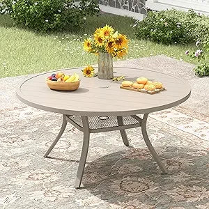 Outdoor Patio Round Dining Table for 6, 49.9" x 49.9" Metal Sleek Slat Dining Table with Umbrella Hole for Lawn Garden Deck Back