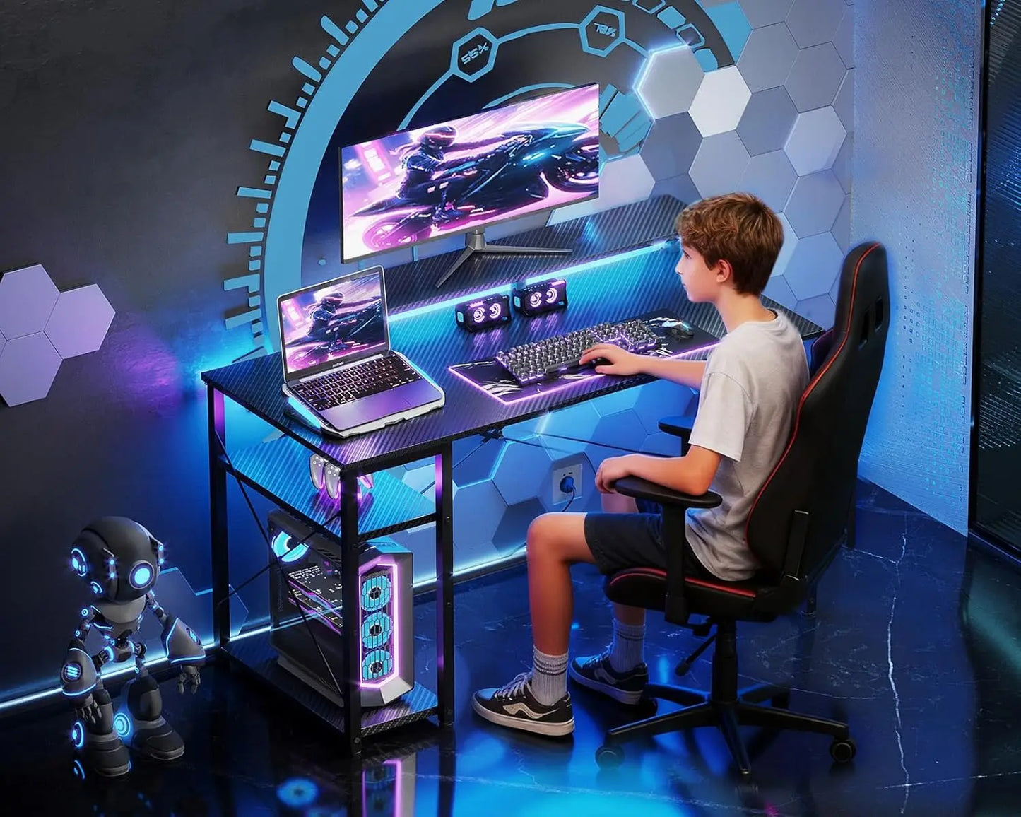 40-Inch Gaming Desk with LED Lights, Storage Shelf & Monitor Stand