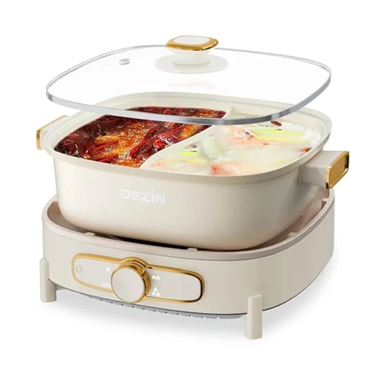 Electric Pot 5.5L Double-Flavor Removable Non-Stick Dual Sided Cooker 3" Depth Divided Pot with Multi-Power Controls