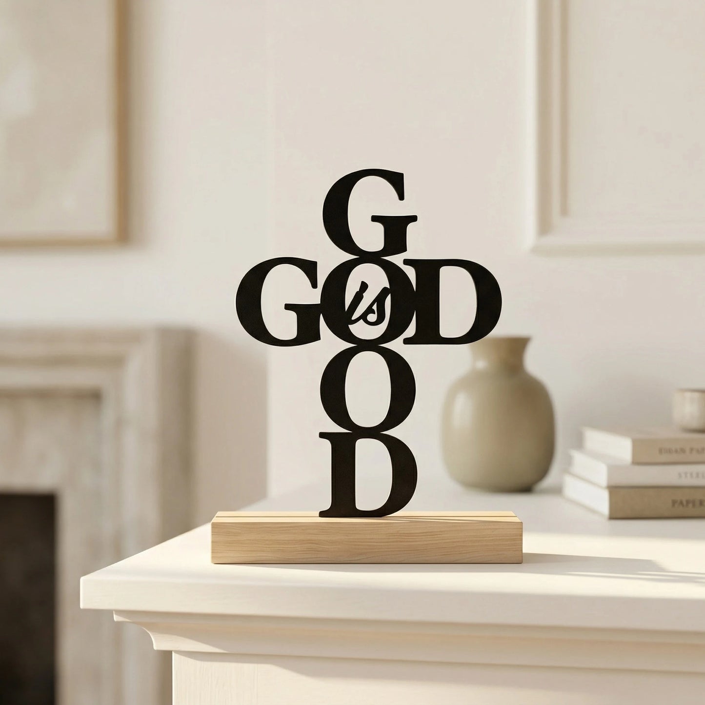 God Is God Cross Table Decor | Christian Metal Art with Wooden Base | Religious Tabletop Sign for Home, Office