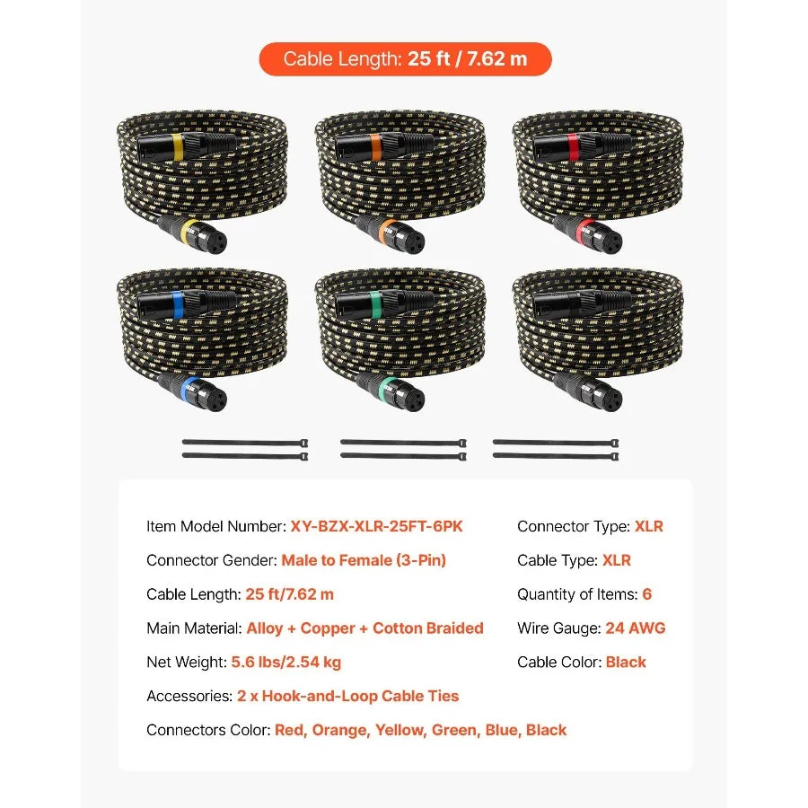 XLR Cable 25 ft, 6 Pack, Shielded Balanced DMX Male to Female Microphone Cables, Gold-Plated 3-Pin XLR Mic Speaker Cord Wires,