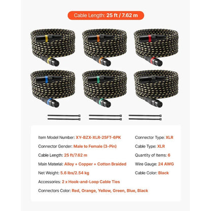 XLR Cable 25 ft, 6 Pack, Shielded Balanced DMX Male to Female Microphone Cables, Gold-Plated 3-Pin XLR Mic Speaker Cord Wires,