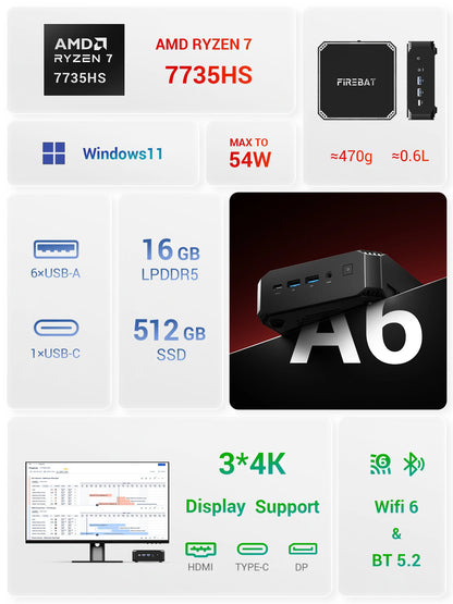 Firebat A6 Mini PC AMD R7 7735HS 8-core 16-thread Computer 16GB LPDDR5 RAM 512GB SSD WiFi 6 BT5.2