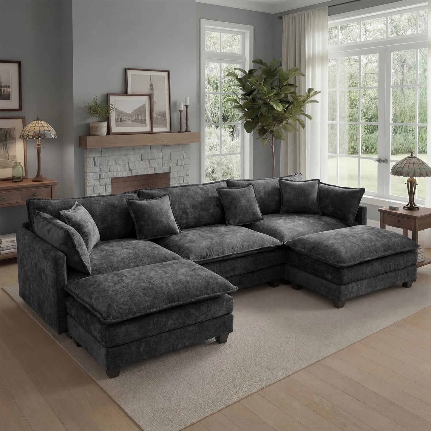 Redlife 113.4" Modular Sectional Sofa with Ottoman, Comfy Cloud Couch with Deep Seat (23.6" D), Solid Wood Frame, for Living Room