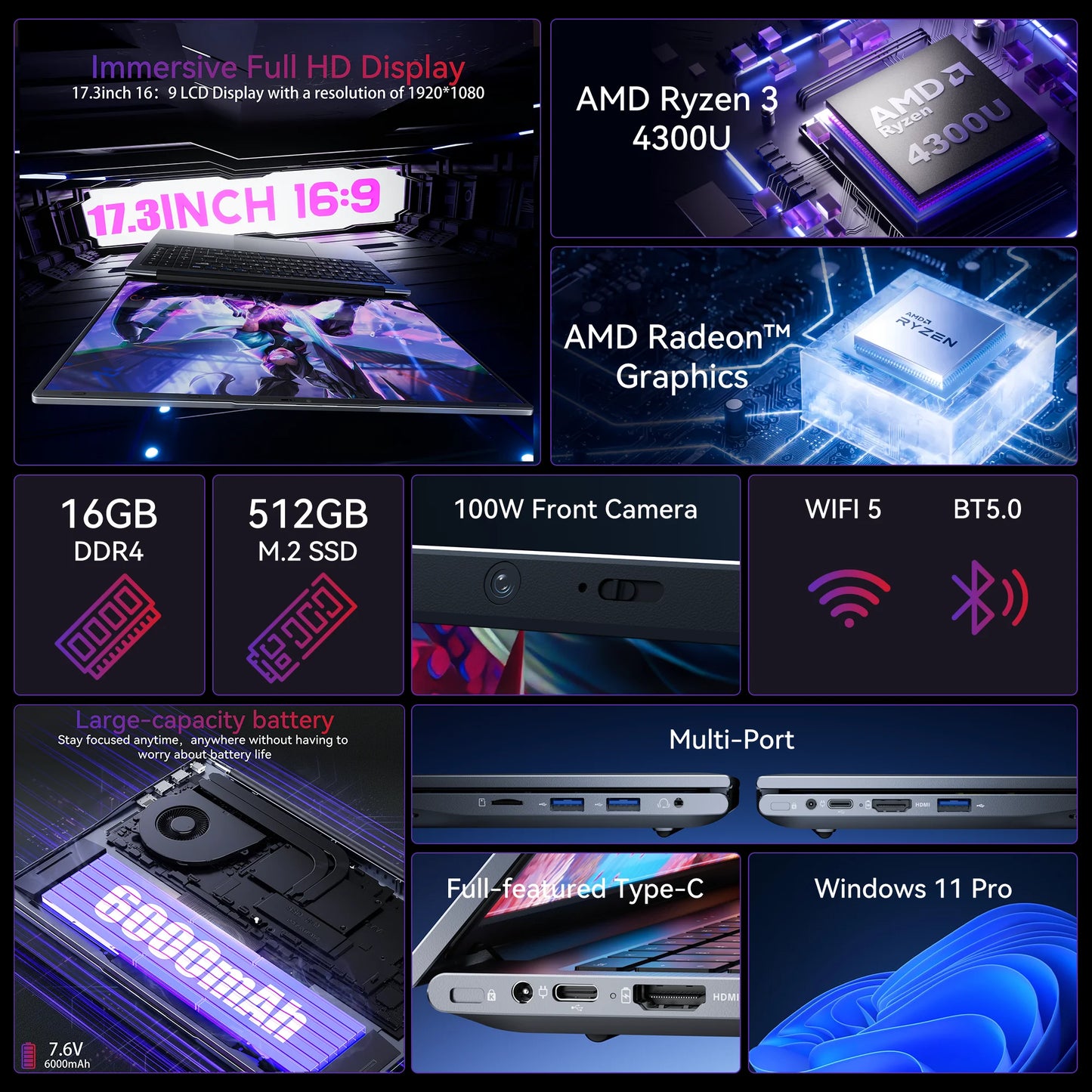 ACEMAGIC AX17Pro Laptop Computer AMD Ryzen 3 4300U Windows Laptop 17.3-in IPS Display 16GB DDR4 512GB NVMe SSD Numeric Keypad